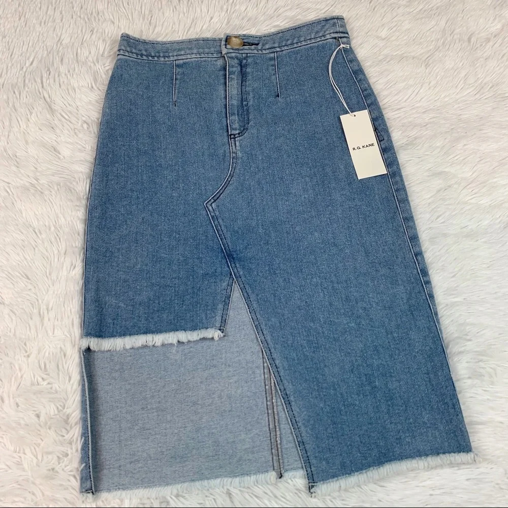 R.G. Kane Raw Hem Cut out Denim Skirt high rise straight‎ a-line